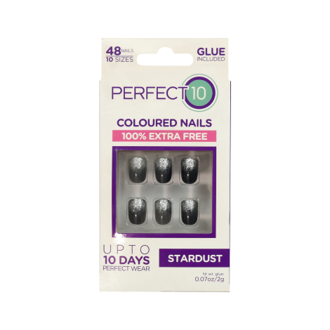 Perfect 10 Stardust False Coloured Nails With Glue Black & Sliver Nails 48 Pices Perfect 10 Stardust False Coloured Nails With Glue Black & Sliver Nails 48 Pices - Image 1